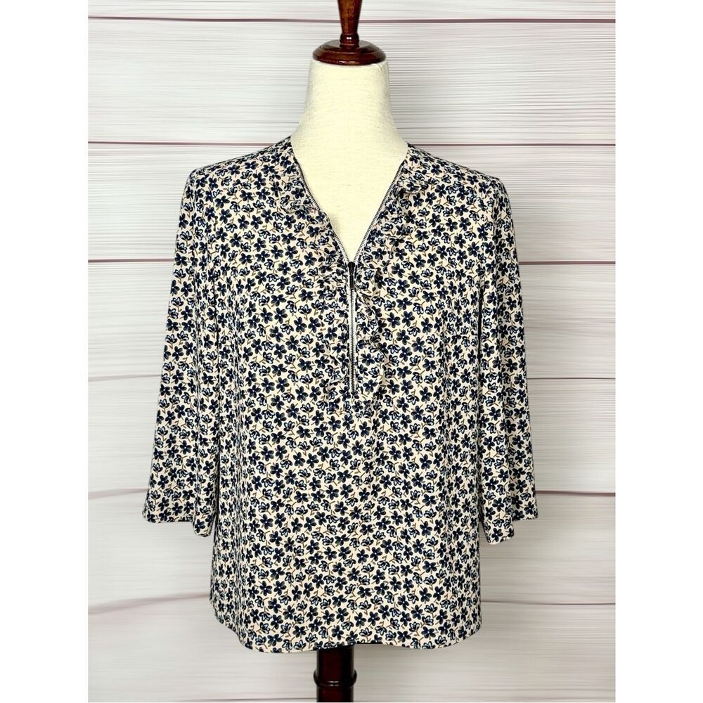 Gerard Darel Paris Floral Blouse Zip Neck Ruffle Trim Blue Beige Size 38 US 6